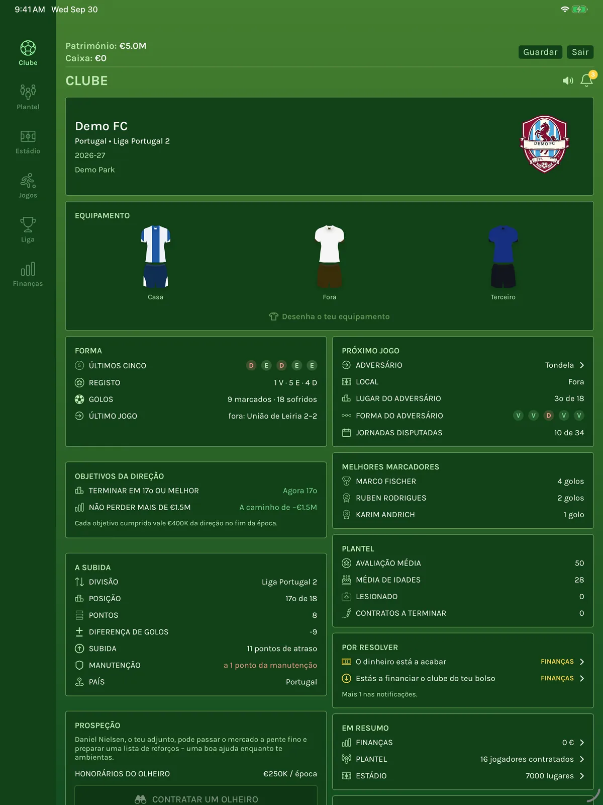 FC Architect no iPad: o ecrã Clube em duas colunas, com os equipamentos, a forma, os objetivos da direção e o próximo jogo