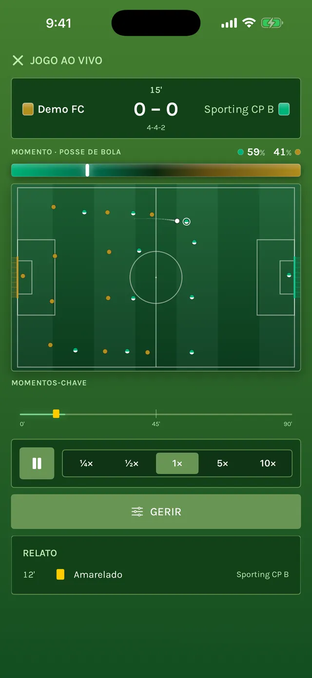 Jogo ao vivo contra o Sporting CP B: relvado 2D com os 22 jogadores representados por pontos, a barra de momento e posse de bola e os controlos de velocidade