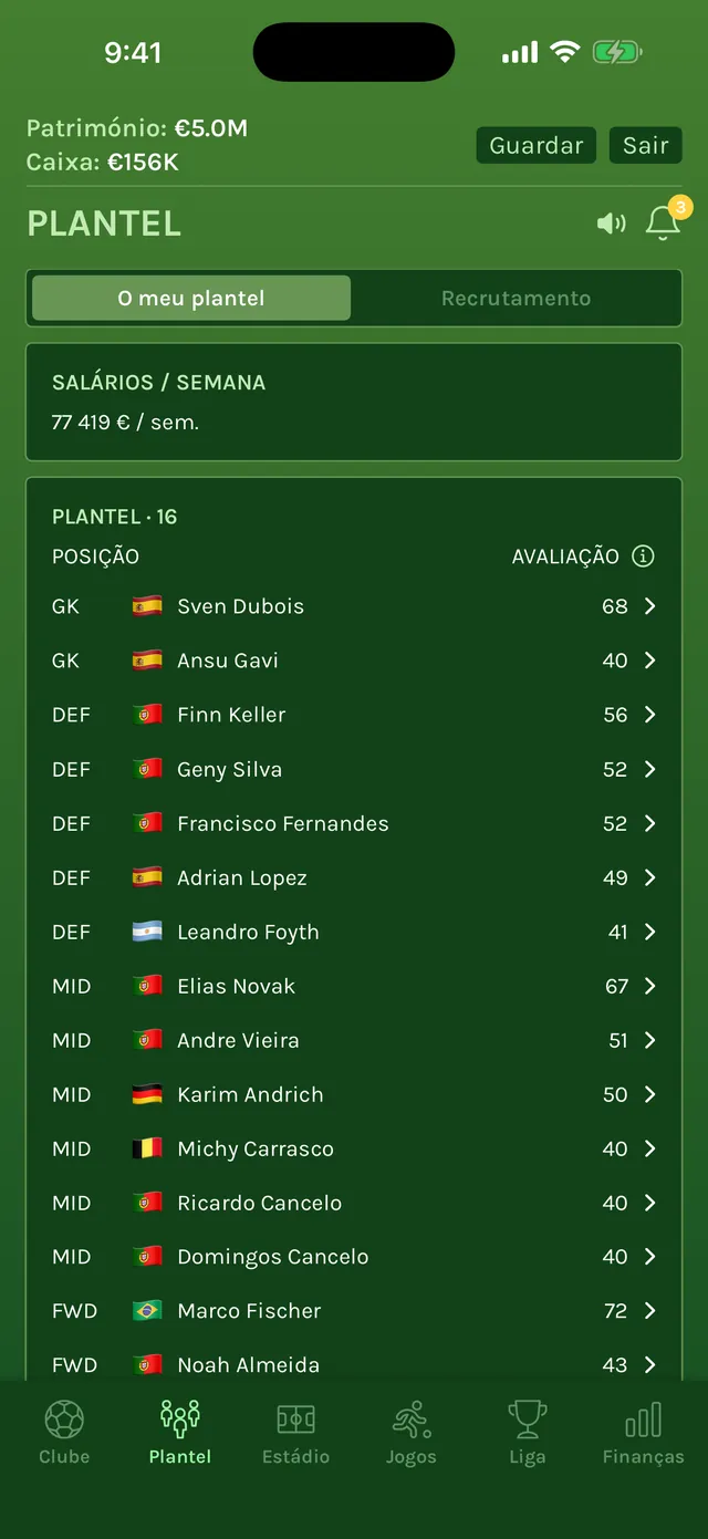Ecrã Plantel com 16 jogadores por posição, as bandeiras das nacionalidades e as avaliações, e a folha salarial semanal