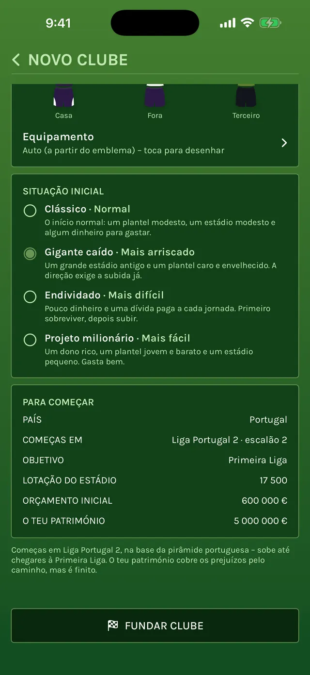 Ecrã Novo clube com as quatro situações iniciais, Clássico, Gigante caído, Endividado e Projeto milionário, e o início em Portugal, na Liga Portugal 2