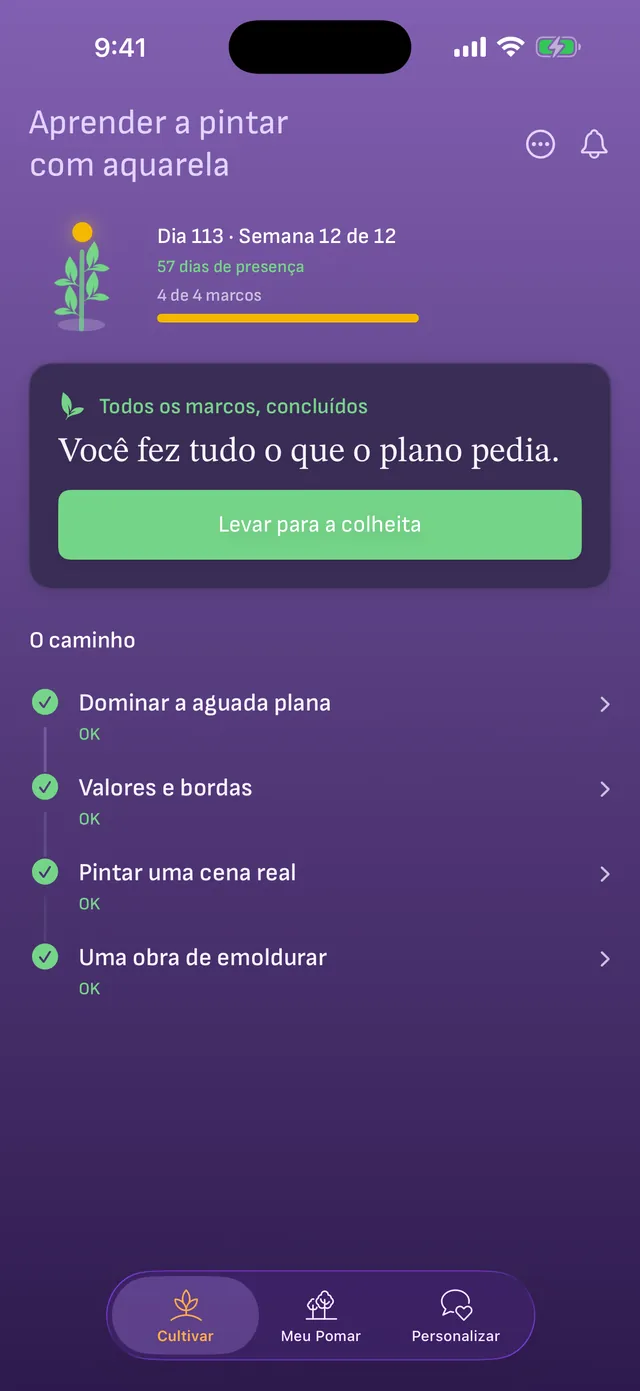 Semana 12 de 12 com todos os marcos concluídos e o botão Levar para a colheita