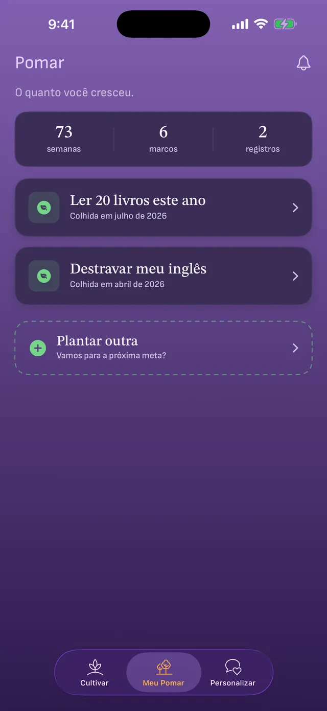O Pomar com os totais de semanas, marcos e registros, duas metas colhidas, “Ler 20 livros este ano” e “Destravar meu inglês”, e o botão Plantar outra