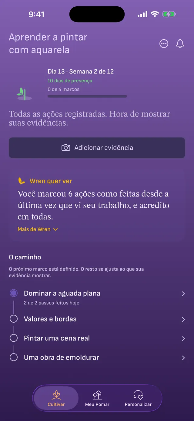 O coach pedindo para ver seu trabalho depois de seis ações marcadas como feitas, com o botão Adicionar evidência acima do caminho de marcos