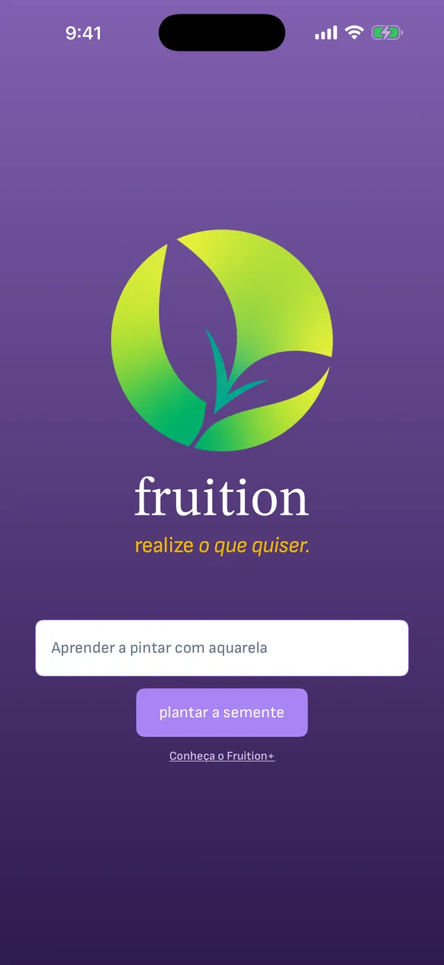 Tela de plantar do Fruition, com o lema “realize o que quiser.”, a meta “Aprender a pintar com aquarela” digitada e o botão plantar a semente