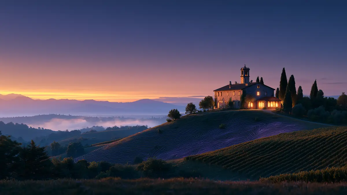 A stone winery estate with lit windows on a hilltop at dusk, vineyard rows and contour lines on the slope below, mist in the valley and mountains on the horizon