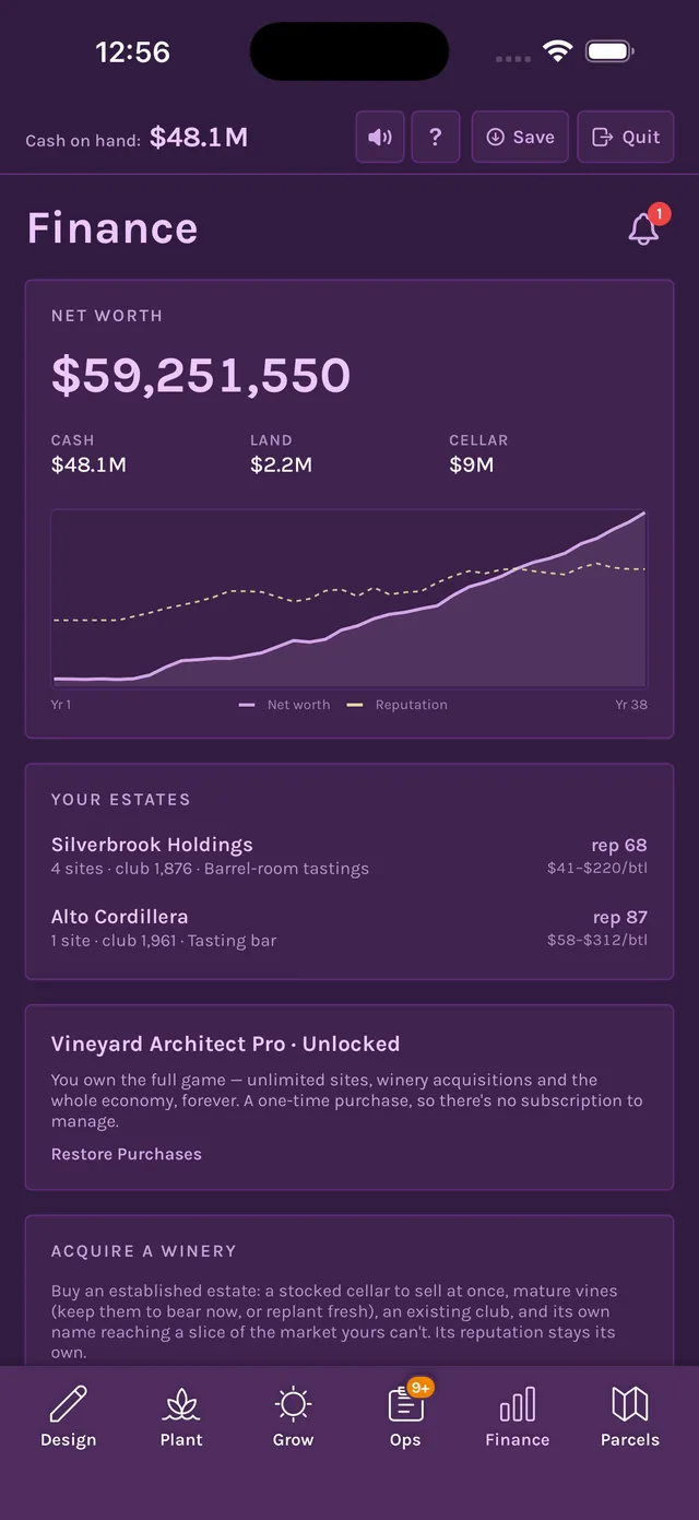 Finance screen with a $59 million net worth, a 38-year chart, two estates and the option to acquire a winery