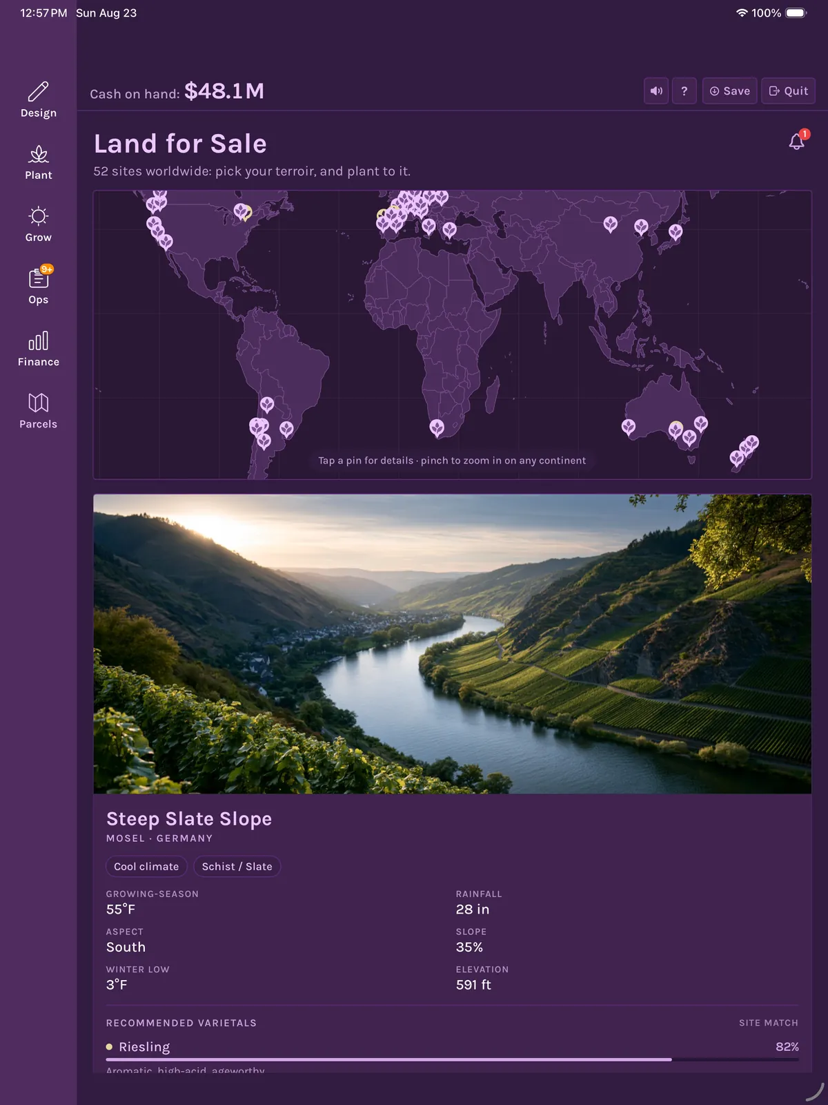 Vineyard Architect on iPad: the world map of sites for sale above a photo of the Mosel valley and the site's terroir