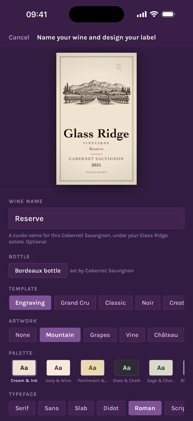 Label designer with an engraved cream label for a 2021 Reserve Cabernet Sauvignon, and the template, artwork, palette and typeface options