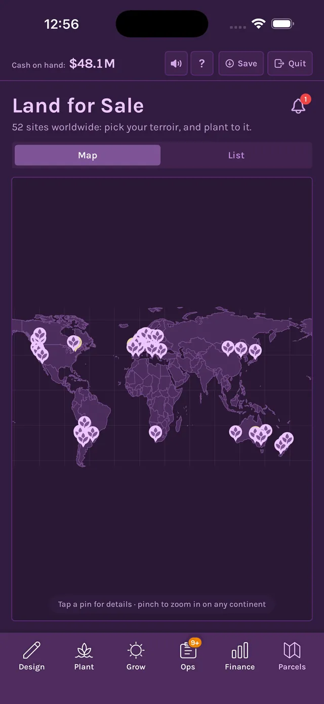 World map of vineyard sites for sale, with pins across Europe, the Americas, South Africa, Asia and Australia