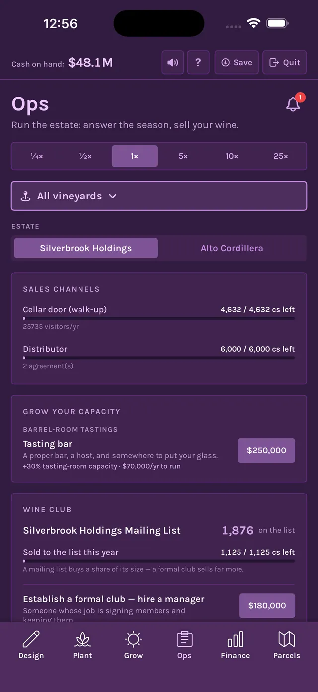Ops screen for two estates with sales channels, a tasting bar upgrade and the wine club mailing list