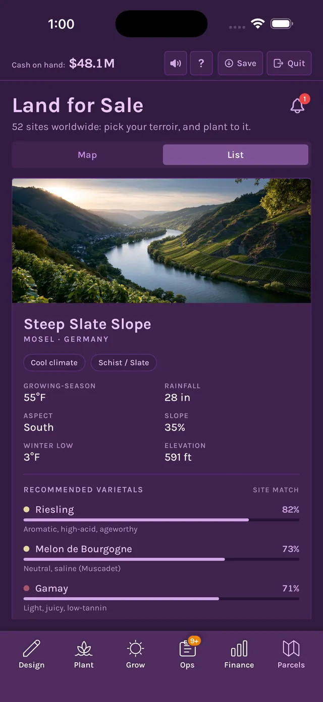 Land for Sale screen: a river valley photo for a steep slate slope in the Mosel, Germany, with its climate, slope and recommended grapes