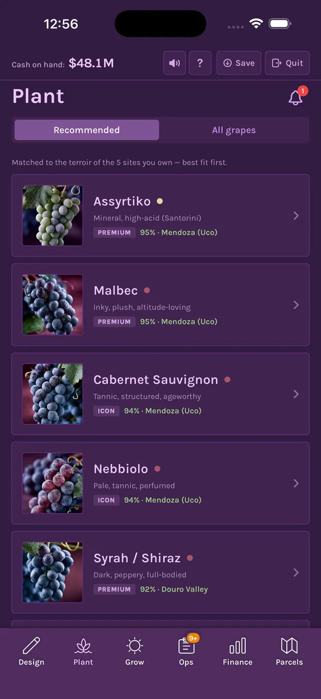Plant screen ranking grape varieties for your sites: Assyrtiko, Malbec, Cabernet Sauvignon, Nebbiolo and Syrah with match scores